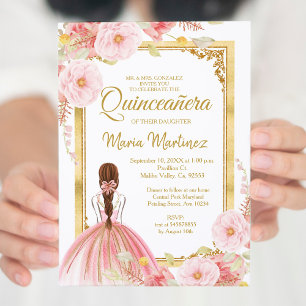 Mexican Quinceañera Invitation Roos Gold Flowers Kaart