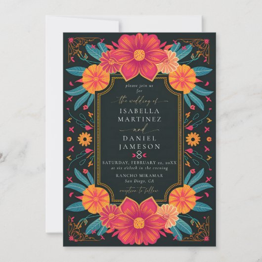 Mexican Rancho Elegant Bold Flowers Lijst Wedding Kaart (Voorkant)
