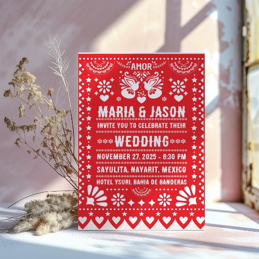 Mexican Red Papel Picado Fiesta Folk Art Wedding Kaart