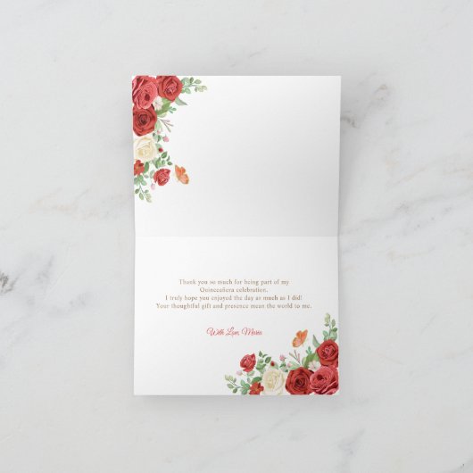 Mexican Red Roses Princess Quinceanera Folded Bedankkaart (Binnen)