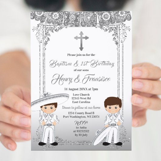 Mexican Silver Twin Boy Baptism and Birthday Kaart