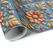 Mexican Spanish Floral Sinaasappel Blue Tegel Patt Cadeaupapier (Rol Hoek)