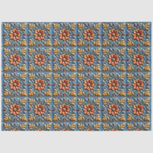Mexican Spanish Floral Sinaasappel Blue Tegel Patt Tissuepapier (Voorkant)