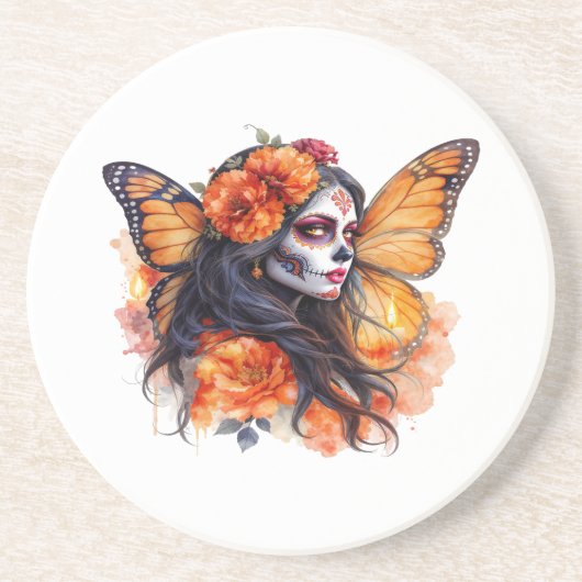 Mexican Sugar Skull Calavera Catrina Stone Coaster Zandsteen Onderzetter (Voorkant)