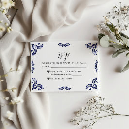 Mexican Talavera Black Floral Minimalist Wedding RSVP Kaartje