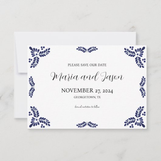 Mexican Talavera Black Floral Minimalist Wedding Save The Date (Voorkant)