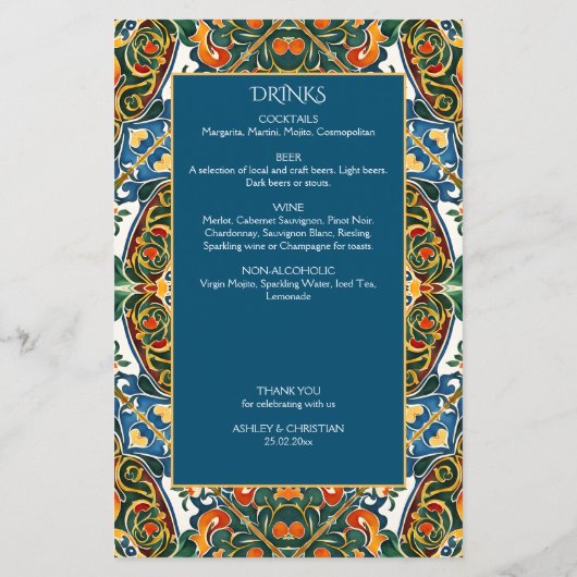 Mexican Talavera blauwgroen elegant huwelijksmenu (Achterkant)