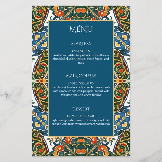 Mexican Talavera blauwgroen elegant huwelijksmenu (Voorkant)