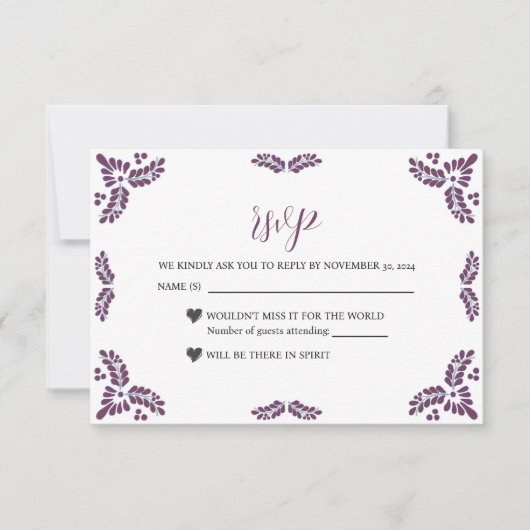 Mexican Talavera Purple Floral Minimalist Wedding RSVP Kaartje (Voorkant)