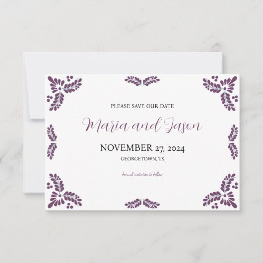 Mexican Talavera Purple Floral Minimalist Wedding Save The Date (Voorkant)