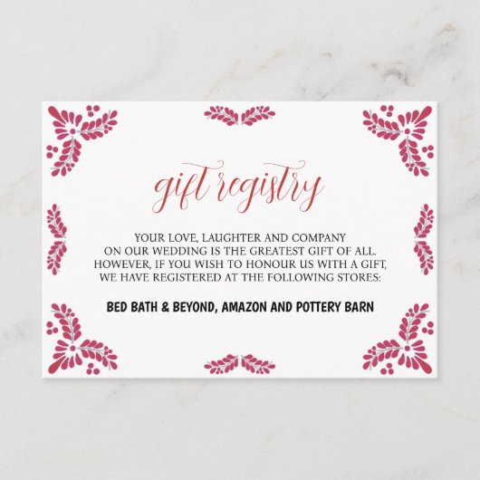 Mexican Talavera Red Floral Minimalist Wedding Informatiekaartje (Voorkant)