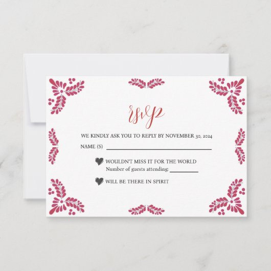 Mexican Talavera Red Floral Minimalist Wedding RSVP Kaartje (Voorkant)