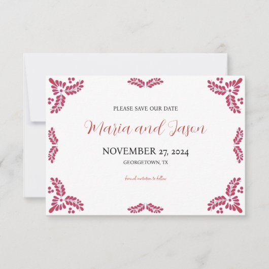 Mexican Talavera Red Floral Minimalist Wedding Save The Date (Voorkant)