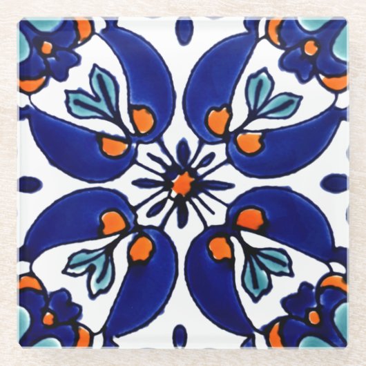 Mexican Talavera Terracotta Tegel Design No. 1 Glazen Onderzetter (Voorkant)