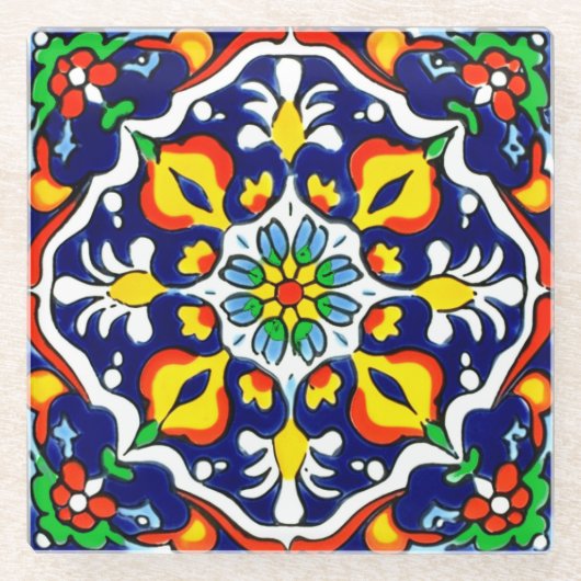 Mexican Talavera Terracotta Tegel Design No. 3 Glazen Onderzetter (Voorkant)