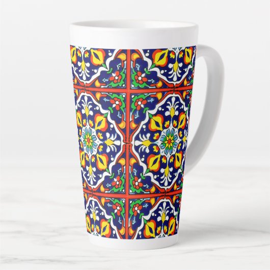 Mexican Talavera Terracotta Tegel Design No. 3 Latte Mok (Rechterhoek)