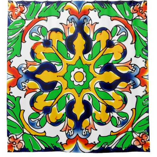Mexican Talavera Terracotta Tegel Design No. 4 Douchegordijn (Voorkant)