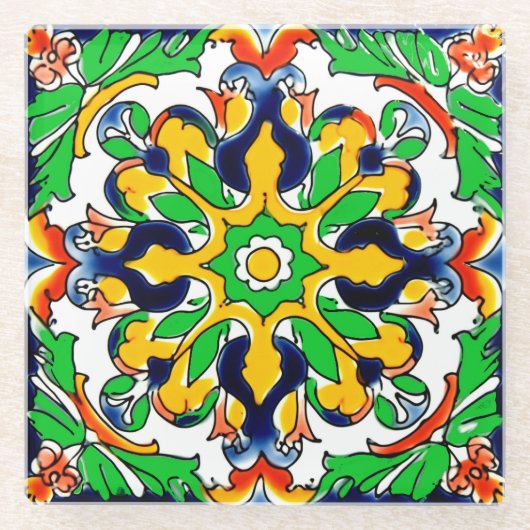 Mexican Talavera Terracotta Tegel Design No. 4 Glazen Onderzetter (Voorkant)