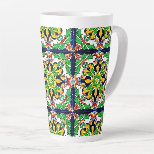 Mexican Talavera Terracotta Tegel Design No. 4 Latte Mok (Rechterhoek)