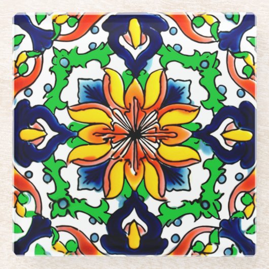 Mexican Talavera Terracotta Tegel Design No. 6 Glazen Onderzetter (Voorkant)