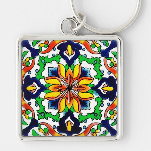 Mexican Talavera Terracotta Tegel Design No. 6 Sleutelhanger (Voorkant)