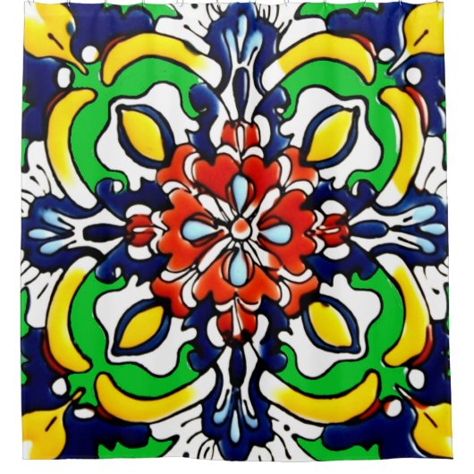 Mexican Talavera Terracotta Tegel Design No. 7 Douchegordijn (Voorkant)