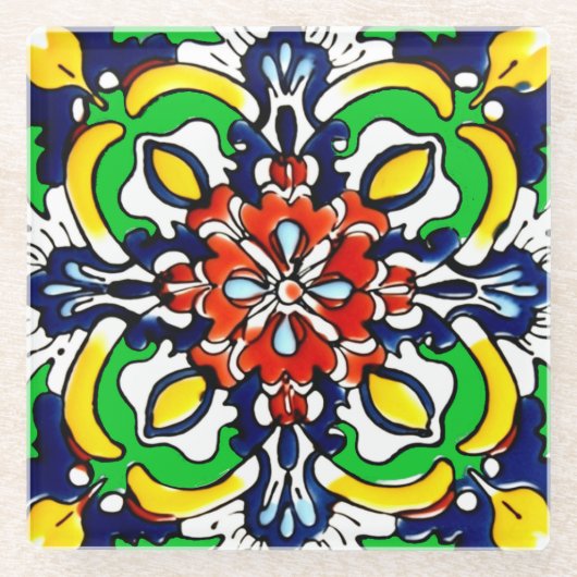 Mexican Talavera Terracotta Tegel Design No. 7 Glazen Onderzetter (Voorkant)