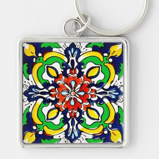 Mexican Talavera Terracotta Tegel Design No. 7 Sleutelhanger (Voorkant)