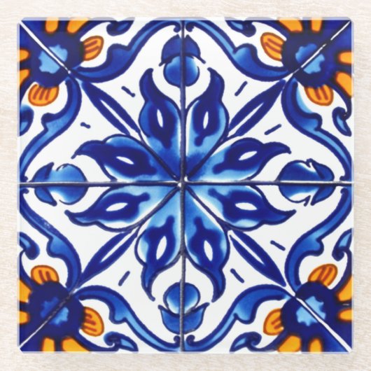 Mexican Talavera Terracotta Tegel Design No. 8 Glazen Onderzetter (Voorkant)