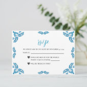 Mexican Talavera Turquoise Minimalist Wedding RSVP Kaartje (Staand voorkant)