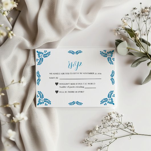 Mexican Talavera Turquoise Minimalist Wedding RSVP Kaartje