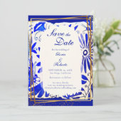 Mexican Wedding Blue Talavera Save the Date Kaart (Staand voorkant)