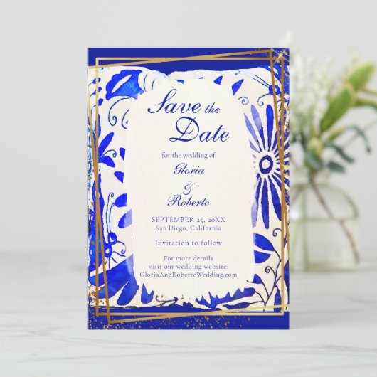 Mexican Wedding Blue Talavera Save the Date Kaart (Staand voorkant)