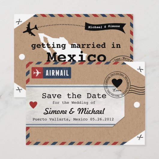 Mexico Airmail Bagagelabel sparen de Datum met Kaa Save The Date (Voorkant / Achterkant)