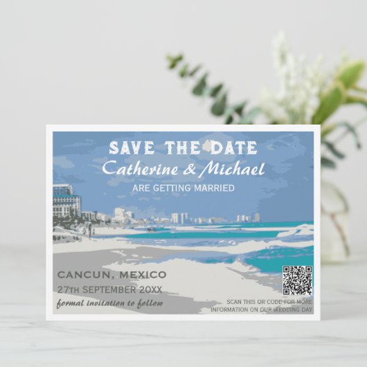 Mexico Beach Bruiloft Reizen Poster Stijl QR Code Save The Date (Staand voorkant)