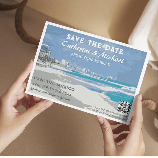 Mexico Beach Bruiloft Reizen Poster Stijl QR Code Save The Date
