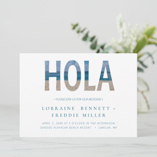 Mexico Beach Hola Typography Destination Wedding Kaart (Staand voorkant)