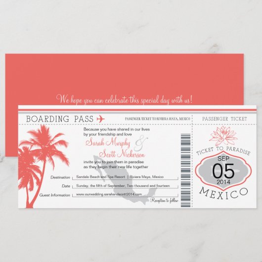 Mexico Boarding Pass bestemming bruiloft Kaart (Voorkant / Achterkant)