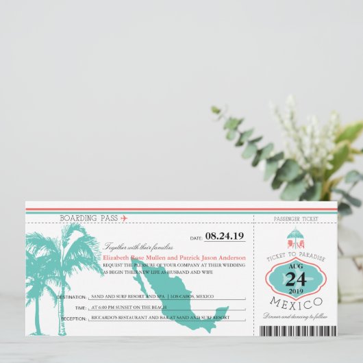 Mexico Boarding Pass bruiloft Kaart (Staand voorkant)