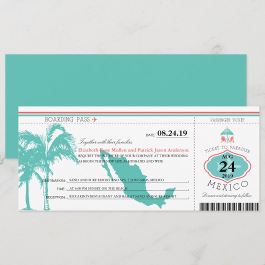 Mexico Boarding Pass bruiloft Kaart (Voorkant / Achterkant)