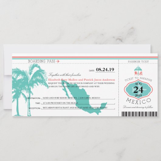 Mexico Boarding Pass bruiloft Kaart (Voorkant)