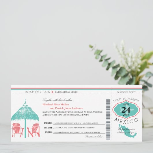 Mexico Boarding Pass bruiloft Kaart (Staand voorkant)