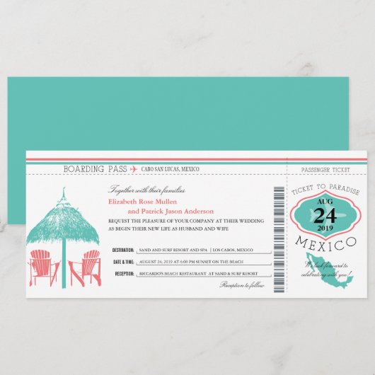 Mexico Boarding Pass bruiloft Kaart (Voorkant / Achterkant)