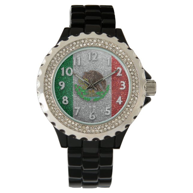 Mexico City Mexicaanse vlag Bling Glitter Mode Horloge (Voorkant)