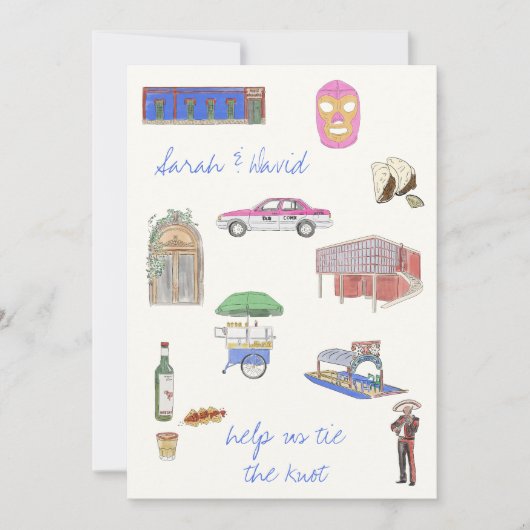 Mexico City save the date met tekeningen Kaart (Voorkant)
