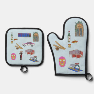 Mexico City waterverf Oven Mitt & Pot Holder Set