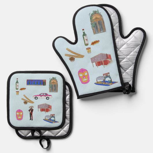 Mexico City waterverf Oven Mitt & Pot Holder Set (Voorkant / Achterkant)