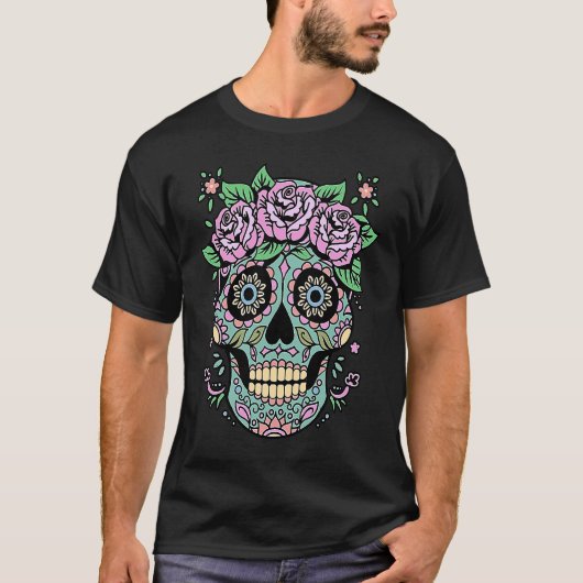 Mexico Floral Sugar Skull Day of the Dead Dia De L T-shirt (Voorkant)