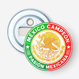 Mexico Kampioen Vlagkleuren Grafisch Wapen Rond  Button Flesopener