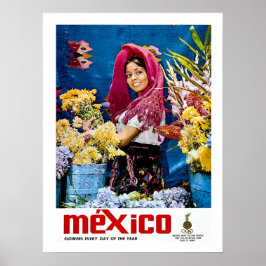 Mexico, lachend meisje met bloemen, vintage, reis poster